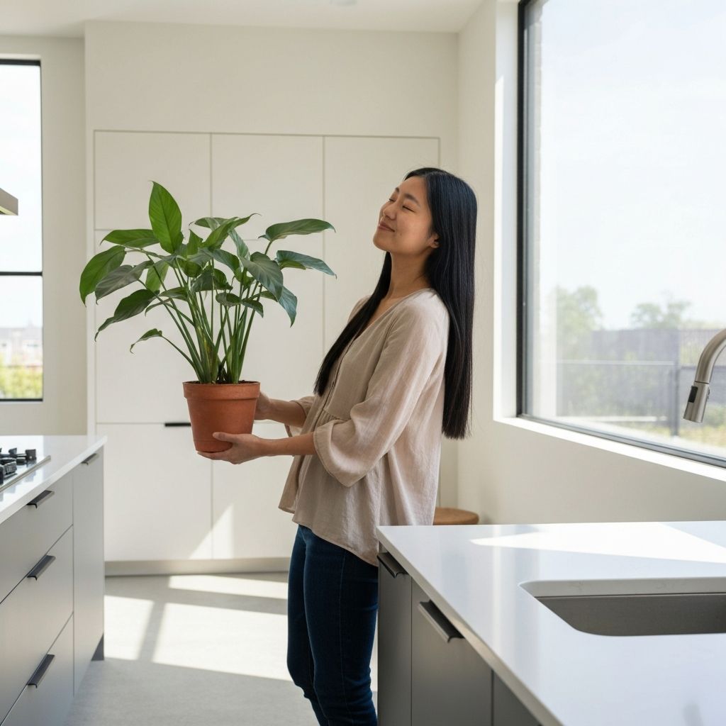 Person caring for houseplants in a sunlit modern home